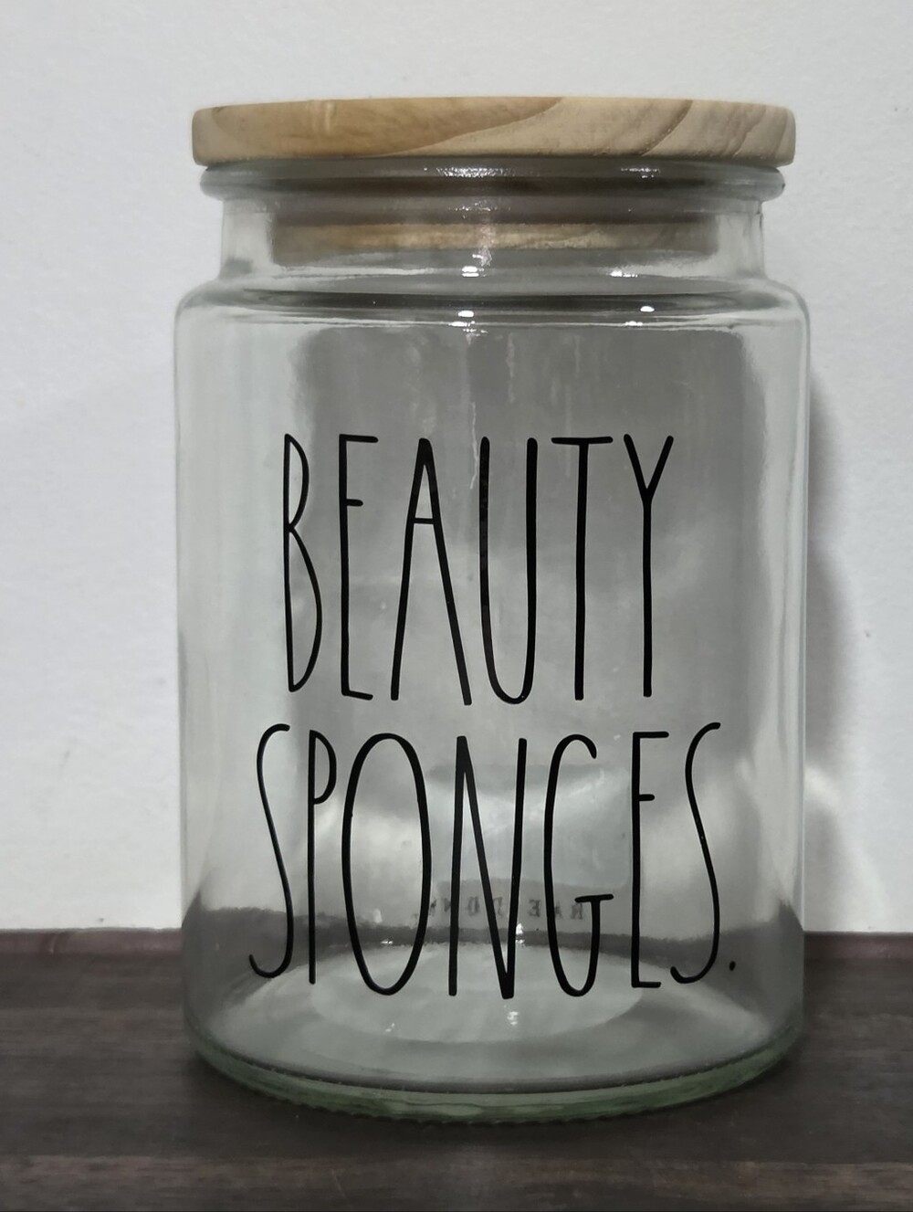 Rae Dunn Glass 'Beauty Sponges' Storage Jar with Wood Lid
